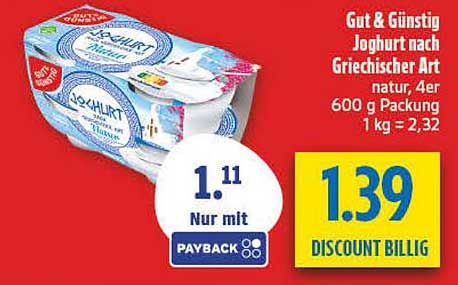 Gut & Günstig Joghurt nach Griechischer Art natur, 4er 600 g Packung 1 kg = 2,32
