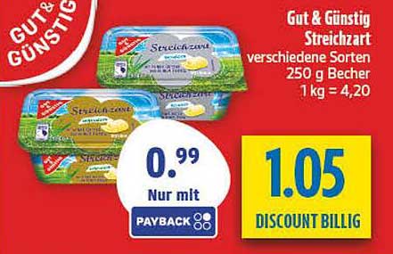 Gut & Günstig Streichzart verschiedene Sorten 250 g Becher 1 kg = 4,20