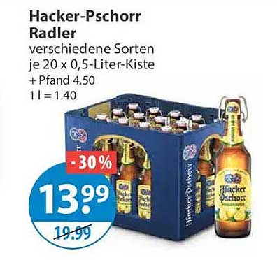 Hacker-Pschorr Radler verschiedene Sorten je 20 x 0,5-Liter-Kiste + Pfand 4.50 1 l = 1.40