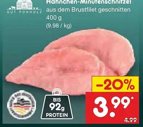 Hähnchen-Minuten-schnitzel aus dem Brustfilet geschnitten 400 g (9.98 / kg)