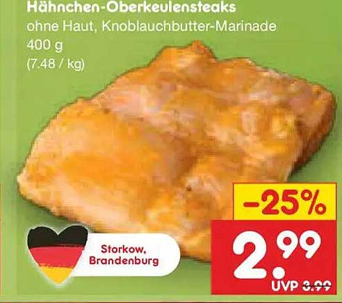 Hähnchen-Oberkeulensteaks ohne Haut, Knoblauchbutter-Marinade 400 g