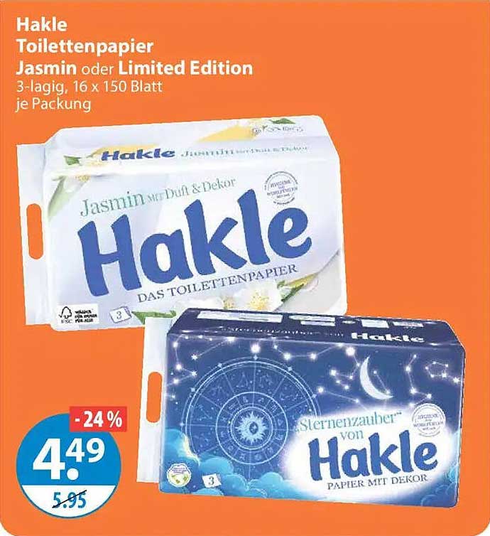 Hakle Toilettenpapier Jasmin oder Limited Edition 3-lagig, 16 x 150 Blatt je Packung