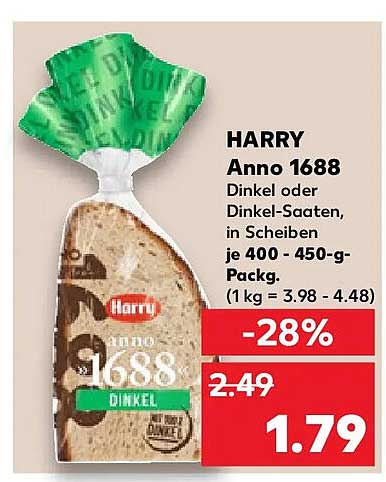 HARRY Anno 1688 Dinkel oder Dinkel-Saaten, in Scheiben je 400 - 450-g Packg. (1 kg = 3.98 - 4.48)
