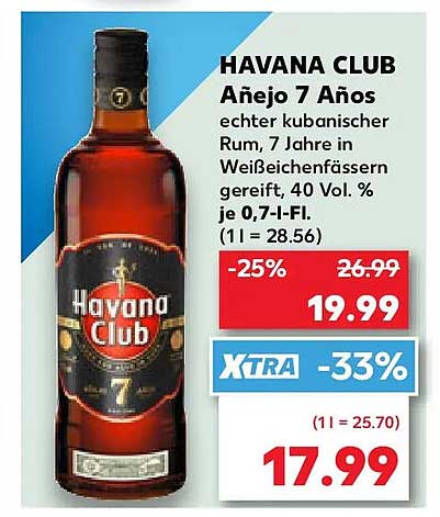 HAVANA CLUB Añejo 7 Años echter kubanischer Rum, 7 Jahre in Weißeichenfässern gereift, 40 Vol. % je 0,7-l-Fl. (1 l = 28.56)