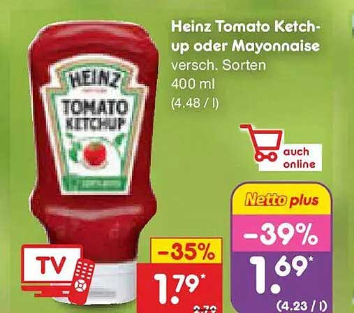 Heinz Tomato Ketchup oder Mayonnaise versch. Sorten 400 ml (4.48 / l)