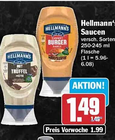 Hellmann’s Saucen versch. Sorten 250-245 ml Flasche (1 l = 5.96-6.08)