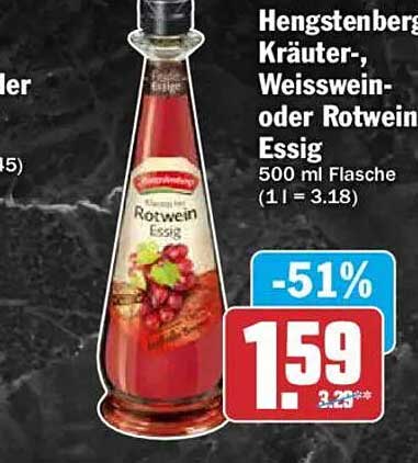 Hengstenberg Kräuter-, Weisswein- oder Rotwein Essig 500 ml Flasche (1 l = 3.18)