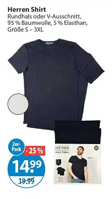 Herren Shirt Rundhals oder V-Ausschnitt, 95 % Baumwolle, 5 % Elasthan, Größe S – 3XL