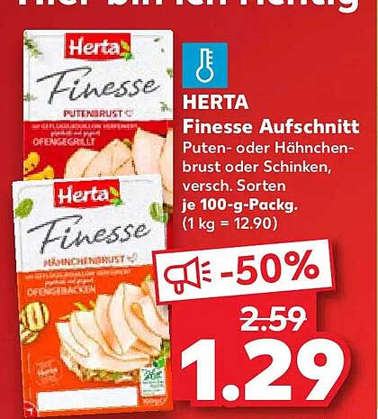 HERTA Finesse Aufschnitt Puten- oder Hähnchenbrust oder Schinken, versch. Sorten je 100-g-Packg. (1 kg = 12.90)