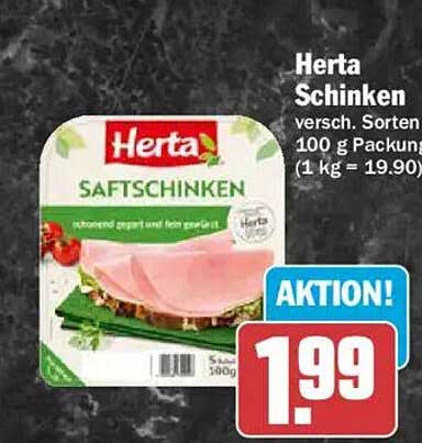 Herta Schinken versch. Sorten 100 g Packung (1 kg = 19.90)