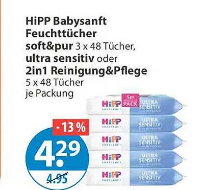 HiPP Babysanft Feuchttücher soft&pur 3 x 48 Tücher, ultra sensitiv oder 2in1 Reinigung&Pflege 5 x 48 Tücher je Packung