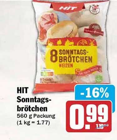 HIT Sonntags-brötchen 560 g Packung (1 kg = 1.77)
