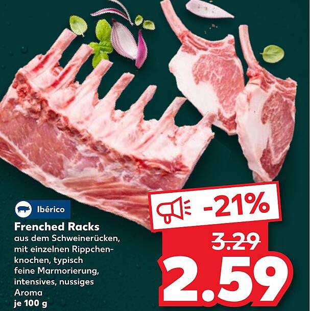 Iberico Frenched Racks aus dem Schweinerücken, mit einzelnen Rippenknochen, typisch feine Marmorierung, intensives, nussiges Aroma, je 100 g