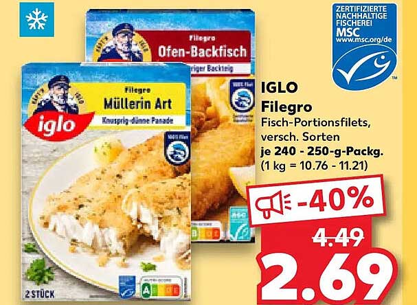 IGLO Filegro Fisch-Portionsfilets, versch. Sorten je 240 - 250-g-Packg. (1 kg = 10.76 - 11.21)