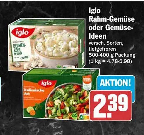 Iglo Rahm-Gemüse oder Gemüse-Ideen verschieden. Sorten, tiefgefroren 500-400 g Packung (1 kg = 4.78-5.98)