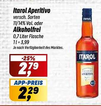 Itarol Aperitivo versch. Sorten 11/14% Vol. oder Alkoholfrei 0,7 Liter Flasche 1 l = 3,99