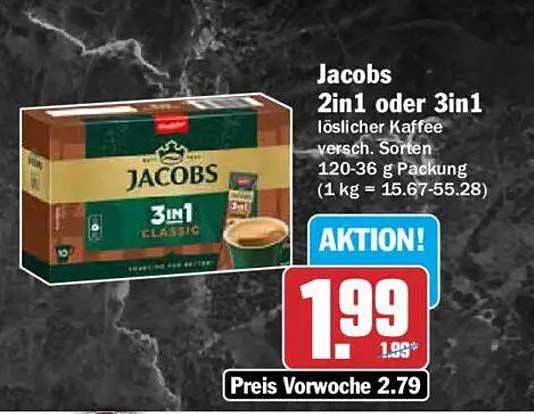 Jacobs 2in1 oder 3in1 löslicher Kaffee sorten 120-36 g Packung