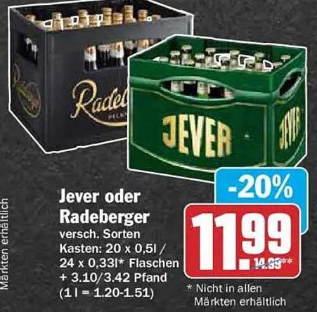 Jever oder Radeberger versch. Sorten Kasten: 20 x 0,5l / 24 x 0,33l* Flaschen + 3.10/3.42 Pfand (1 l = 1.20-1.51)