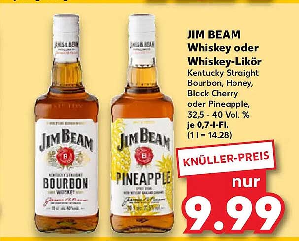 JIM BEAM Whiskey oder Whiskey-Likör Kentucky Straight Bourbon, Honey, Black Cherry oder Pineapple, 32,5 - 40 Vol. % je 0,7-l-Fl. (1 l = 14.28)