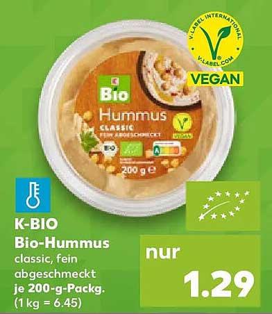 K-BIO Bio-Hummus classic, fein abgeschmeckt je 200-g-Packg. (1 kg = 6.45)