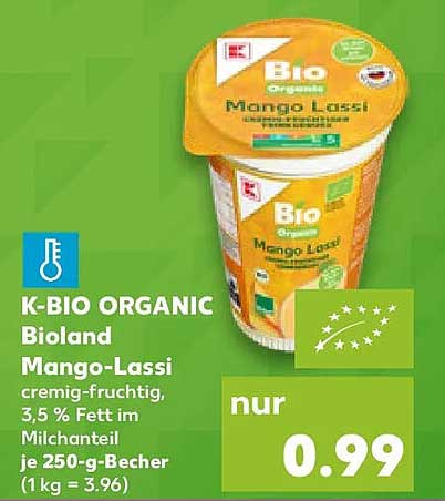 K-BIO ORGANIC Bioland Mango-Lassi cremig-fruchtig, 3,5 % Fett im Milchanteil je 250-g-Becher (1 kg = 3.96)