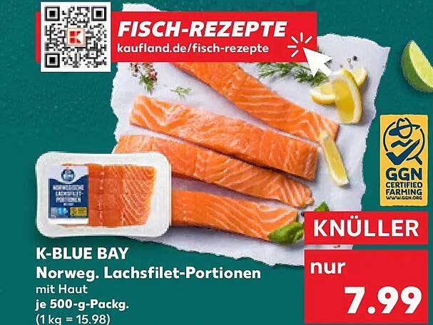 K-BLUE BAY Norweg. Lachsfilet-Portionen mit Haut je 500-g-Packg. (1 kg = 15.98)