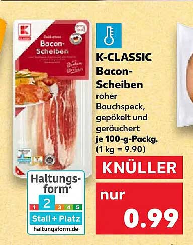 K-CLASSIC Bacon-Scheiben roher Bauchspeck, gepökelt und geräuchert je 100-g-Packg. (1 kg = 9.90)