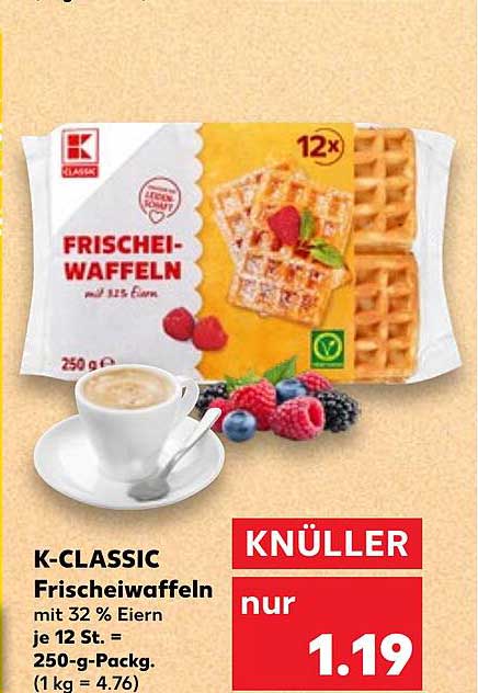 K-CLASSIC Frischewaffeln mit 32 % Eiern je 12 St. = 250-g-Packg. (1 kg = 4.76)