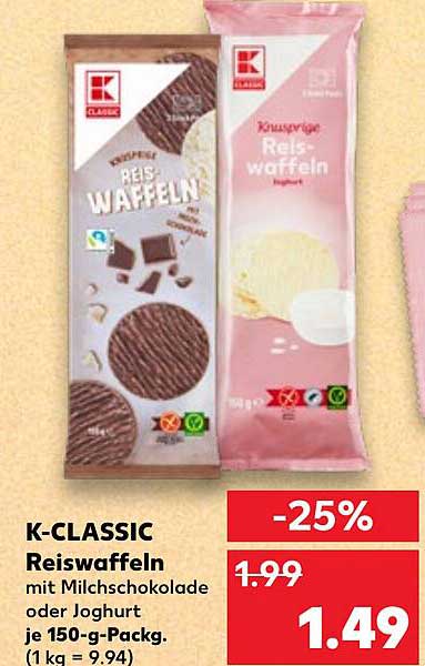 K-CLASSIC Reiswaffeln mit Milchschokolade oder Joghurt, je 150-g-Packg. (1 kg = 9.94)