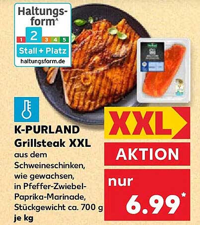 K-PURLAND Grillsteak XXL aus dem Schweineschinken, wie gewachsen, in Pfeffer-Zwiebel-Paprika-Marinade, Stückgewicht ca. 700 g je kg