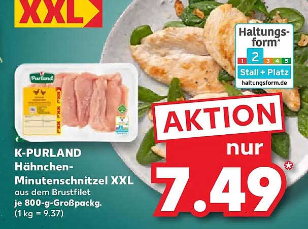 K-PURLAND Hähnchen-Minutenschnitzel XXL aus dem Brustfilet je 800-g-Großpackg. (1 kg = 9.37)