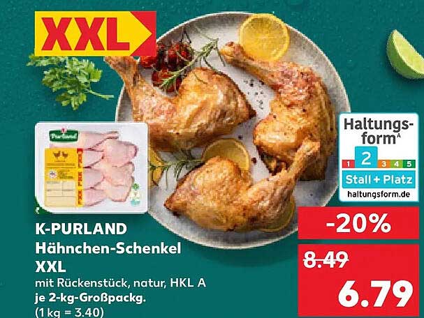 K-PURLAND Hähnchen-Schenkel XXL mit Rückenstück, natur, HKL A je 2-kg-Großpackg. (1 kg = 3.40)