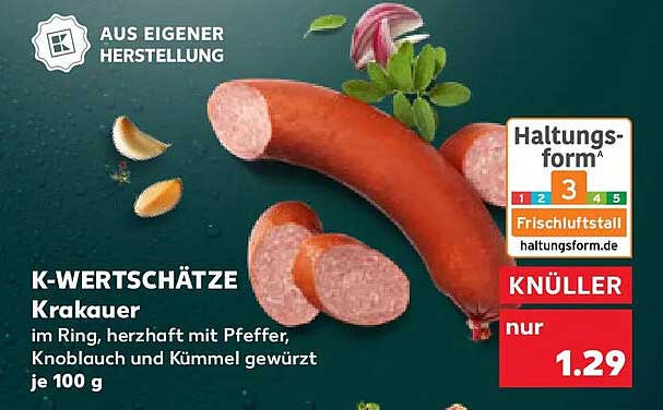 K-WERTSCHÄTZE Krakauer im Ring, herzhaft mit Pfeffer, Knoblauch und Kümmel gewürzt je 100 g