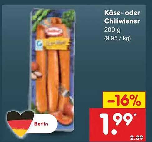 Käse- oder Chiliwiener 200 g (9,95 / kg)