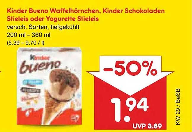 Kinder Bueno Waffelhörnchen, Kinder Schokoladen Stieleis oder Yogurette Stieleis