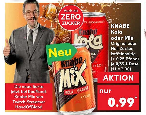KNABE Kola oder Mix Original oder Null Zucker, koffeinhaltig (+ 0.25 Pfand) je 0,33-l-Dose (1 l = 3.00)