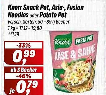 Knorr Snack Pot, Asia-, Fusion Noodles oder Potato Pot versch. Sorten, 50 – 89 g Becher