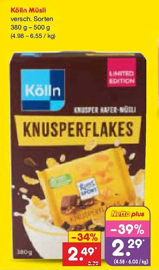 Kölln Müsli versch. Sorten 380 g – 500 g (4.98 – 6.55 / kg)