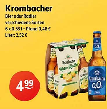 Krombacher Bier oder Radler verschiedene Sorten 6 x 0,33 l + Pfand 0,48 € Liter: 2,52 €