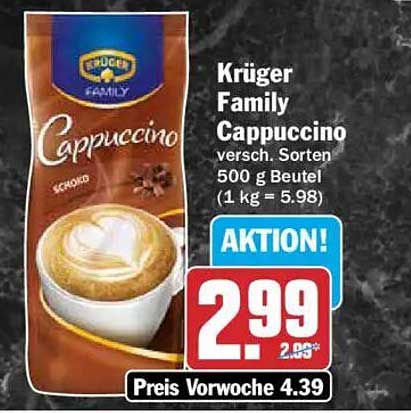 Krüger Family Cappuccino versch. Sorten 500 g Beutel (1 kg = 5.98) AKTION! Preis Vorwoche 4.39