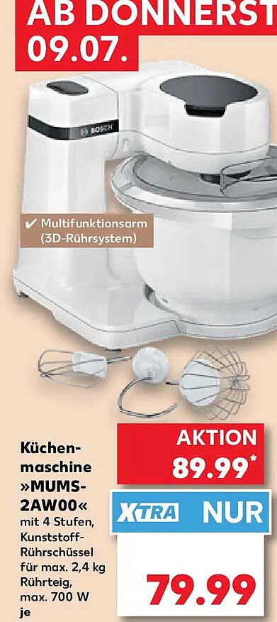 Küchenmaschine »MUMS-2AW00« mit 4 Stufen, Kunststoff-Rührschüssel für max. 2,4 kg Rührteig, max. 700 W je