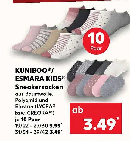 KUNIBOO®/ ESMARA KIDS® Sneakersocken aus Baumwolle, Polyamid und Elastan (LYCRA® bzw. CREORA™) je 10 Paar