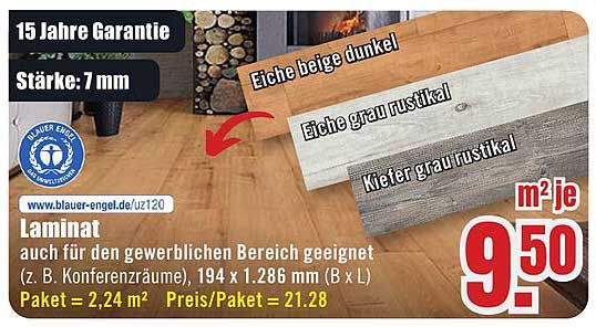 Laminat auch für den gewerblichen Bereich geeignet (z. B. Konferenzräume), 194 x 1.286 mm (B x L) Paket = 2,24 m² Preis/Paket = 21.28