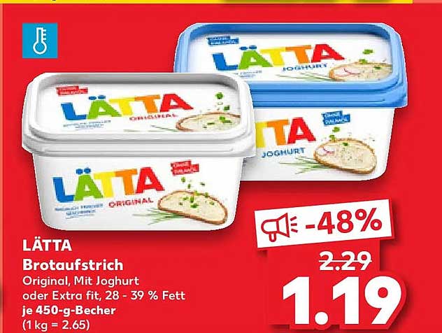 LÄTTA Brotaufstrich Original, Mit Joghurt oder Extra fit, 28 - 39 % Fett je 450-g-Becher (1 kg = 2.65)