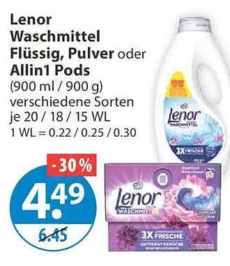 Lenor Waschmittel Flüssig, Pulver oder Allin1 Pods (900 ml / 900 g) verschiedene Sorten je 20 / 18 / 15 WL 1 WL = 0.22 / 0.25 / 0.30