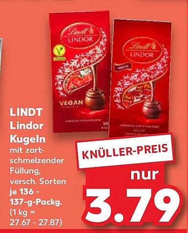 LINDT Lindor Kugeln mit zart-schmelzender Füllung, versch. Sorten je 136 - 137-g-Packg. (1 kg = 27.67 - 27.87)