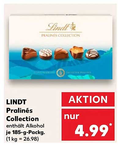 LINDT Pralinés Collection enthält Alkohol je 185-g-Pack. (1 kg = 26.98)