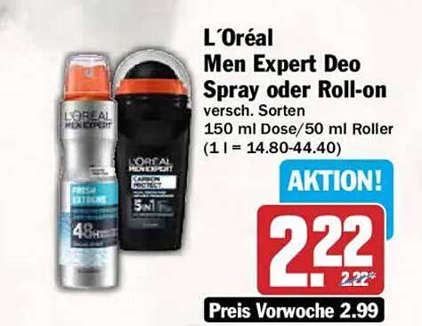 L'Oréal Men Expert Deo Spray oder Roll-on versch. Sorten 150 ml Dose/50 ml Roller
