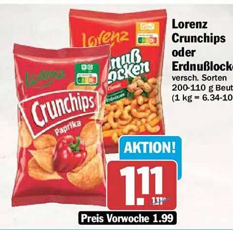 Lorenz Crunchips oder Erdnusslocken versch. Sorten 200-110 g Beut (1 kg = 6.34-10