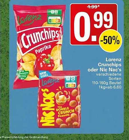 Lorenz Crunchips oder Nic Nac's verschiedene Sorten 110-150g Beutel 1kg=ab 6.60